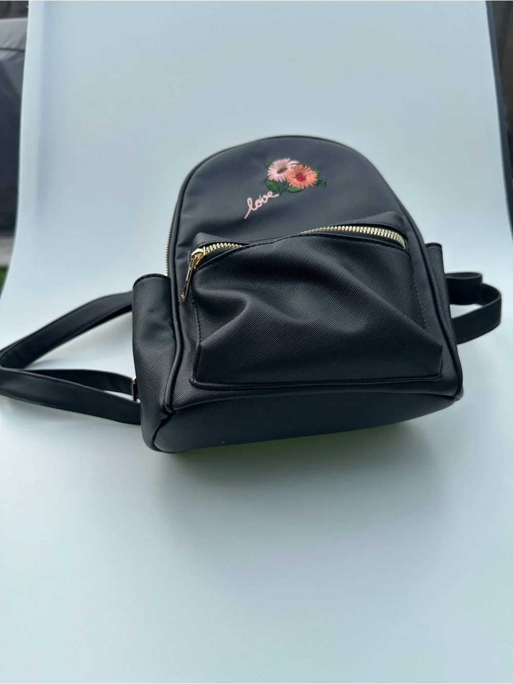 Women’s Black Mini Backpack Floral Love Embroidery Gold Tone Zippers